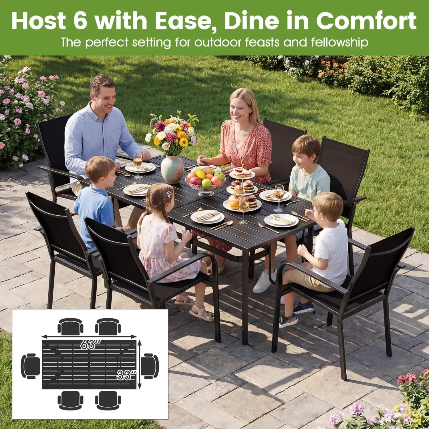 7-Piece Patio Dining Set for 6 with Rectangle Metal Table and Stackable Breathable Mesh Armchairs by DirectDeals