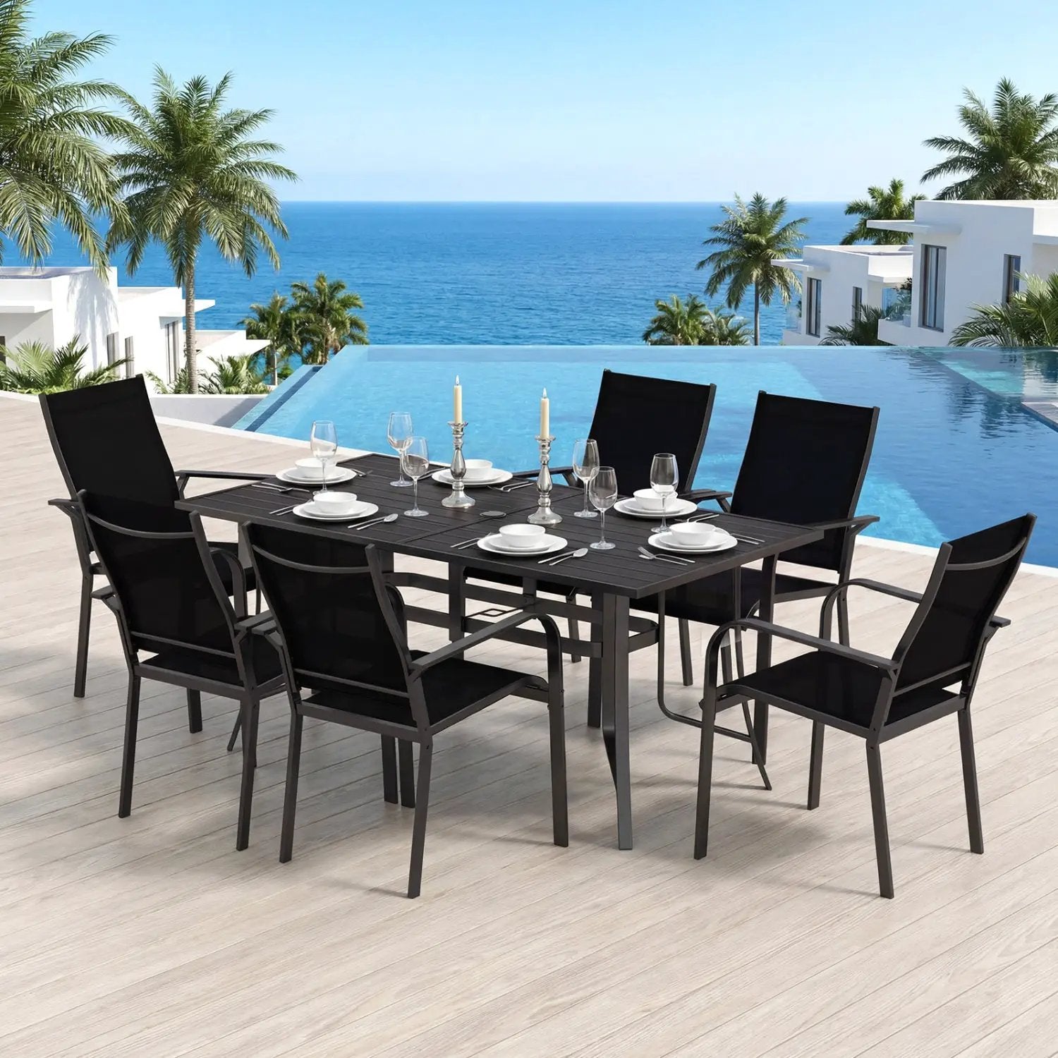7-Piece Patio Dining Set for 6 with Rectangle Metal Table and Stackable Breathable Mesh Armchairs by DirectDeals