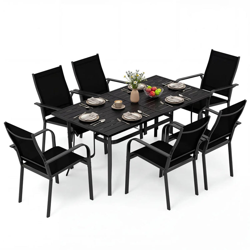7-Piece Patio Dining Set for 6 with Rectangle Metal Table and Stackable Breathable Mesh Armchairs by DirectDeals