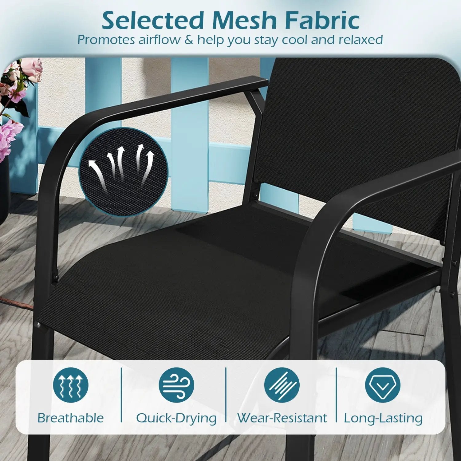 7-Piece Patio Dining Set for 6 with Rectangle Metal Table and Stackable Breathable Mesh Armchairs by DirectDeals