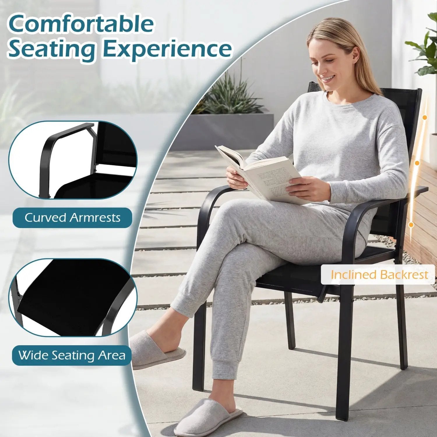 7-Piece Patio Dining Set for 6 with Rectangle Metal Table and Stackable Breathable Mesh Armchairs by DirectDeals