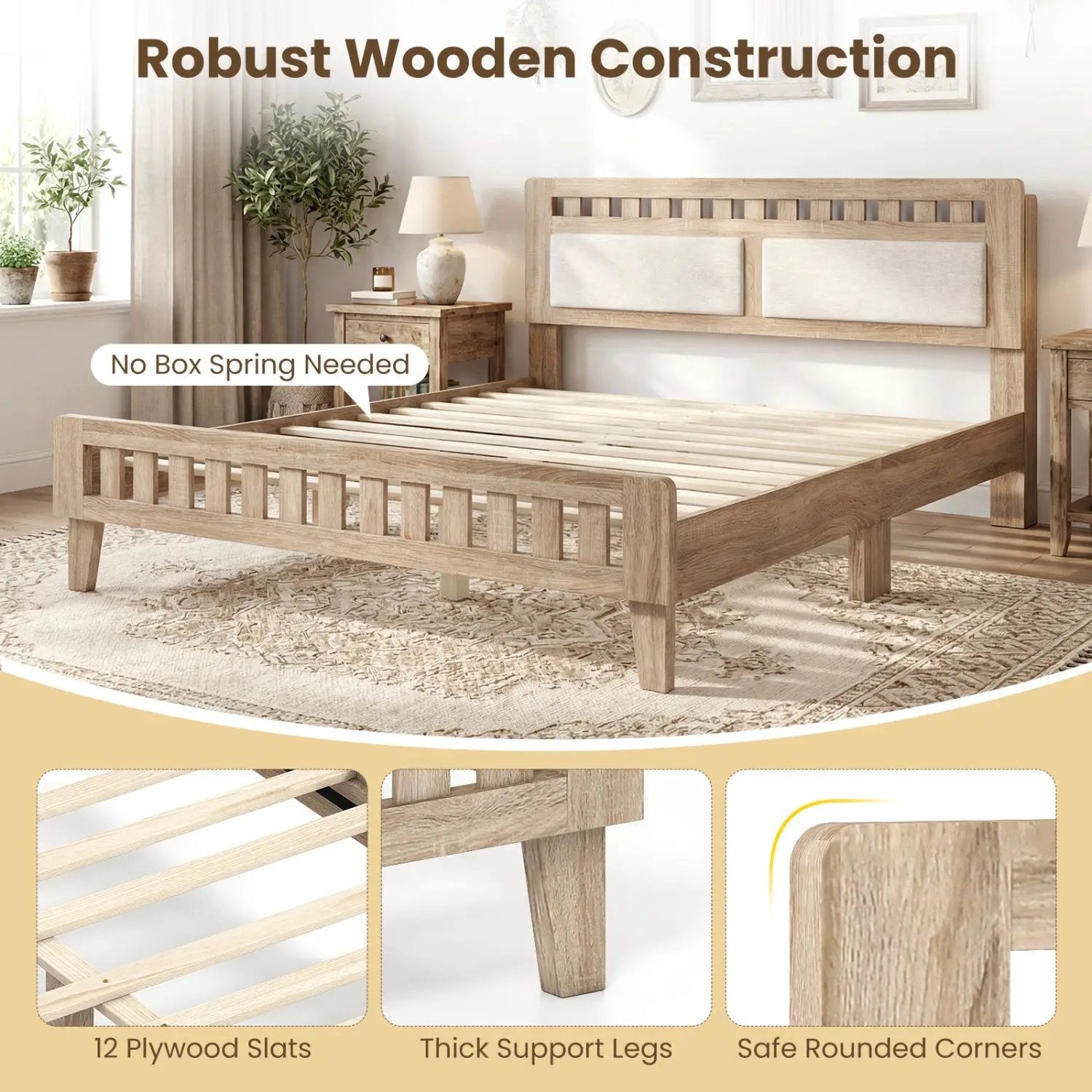 Queen Wood Bed Frame with Upholstered Headboard by DirectDeals