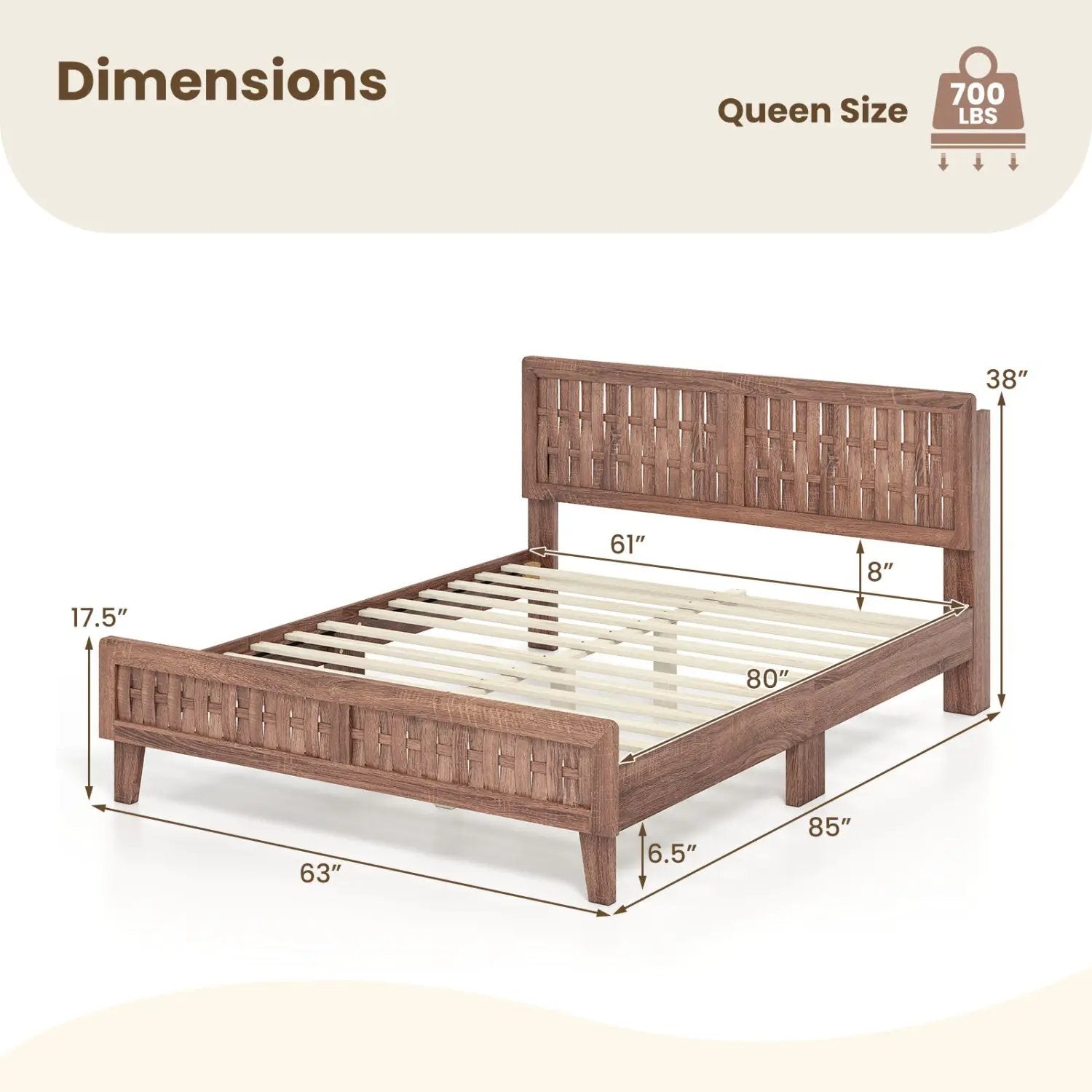 Mid Century Queen Size Bed Frame with Woven Accent Headboard by DirectDeals