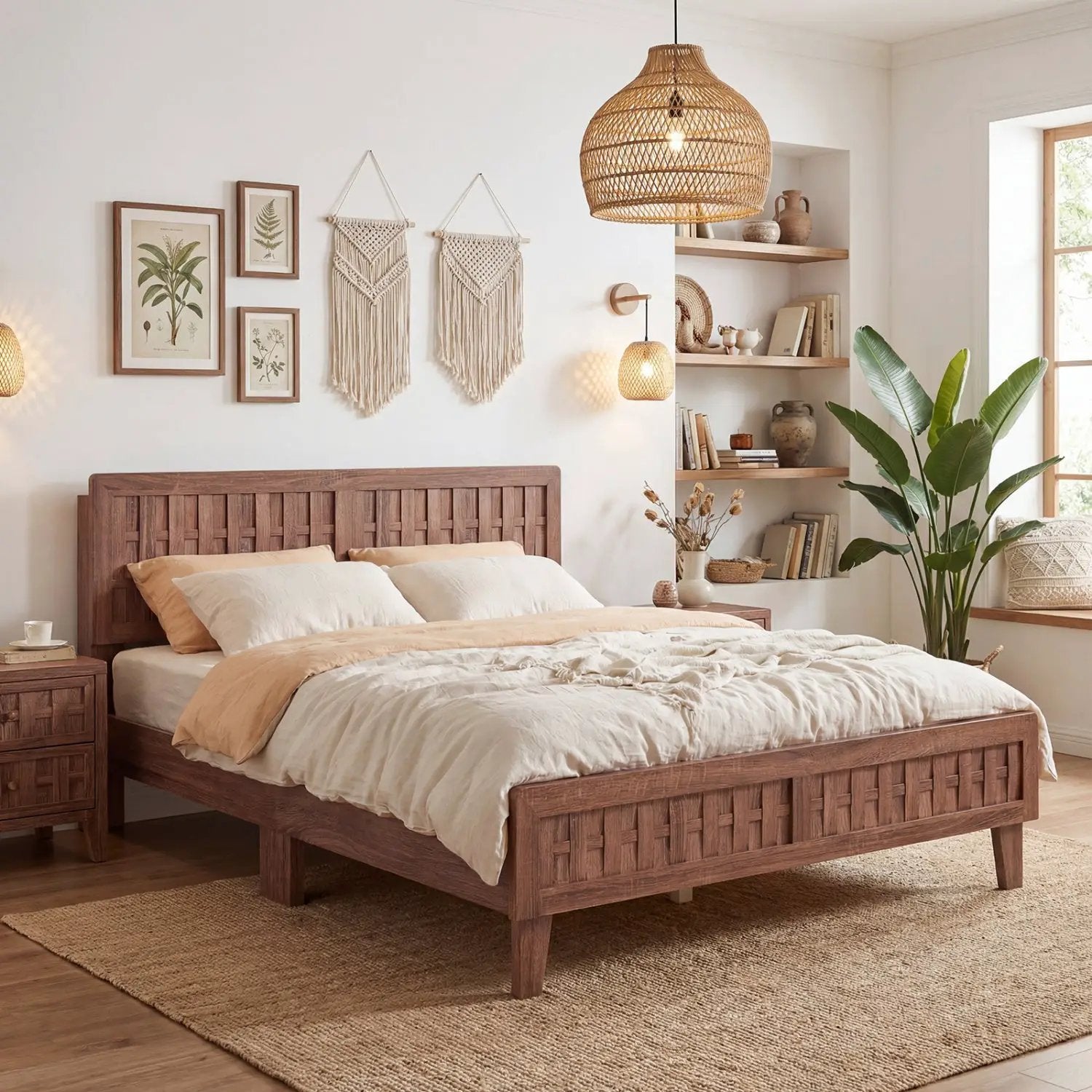 Mid Century Queen Size Bed Frame with Woven Accent Headboard by DirectDeals