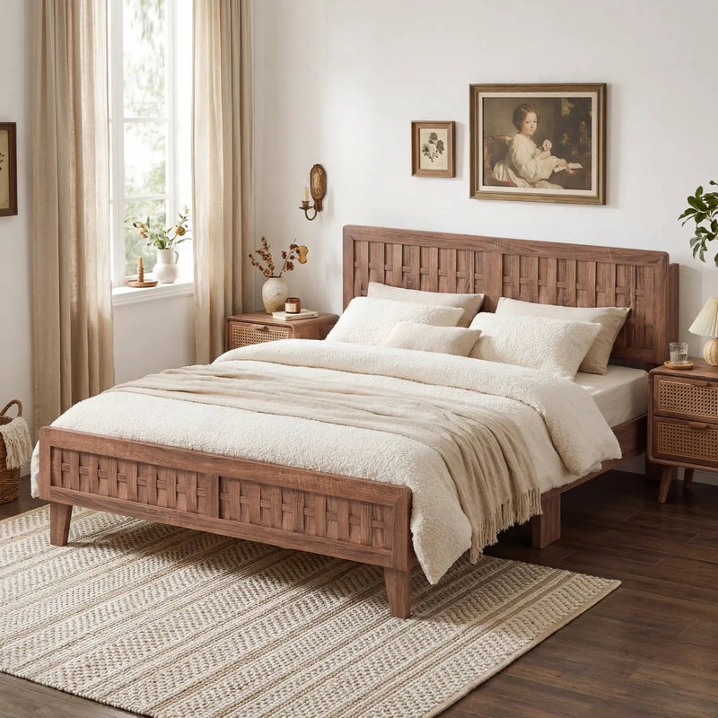 Mid Century Queen Size Bed Frame with Woven Accent Headboard by DirectDeals