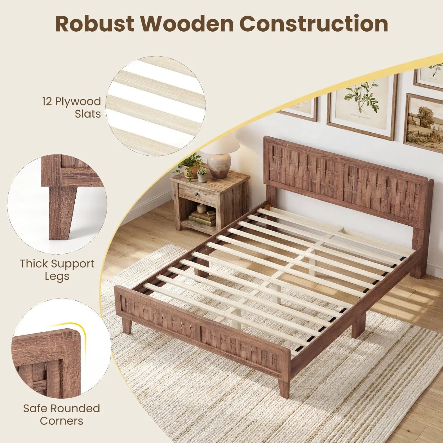 Mid Century Queen Size Bed Frame with Woven Accent Headboard by DirectDeals