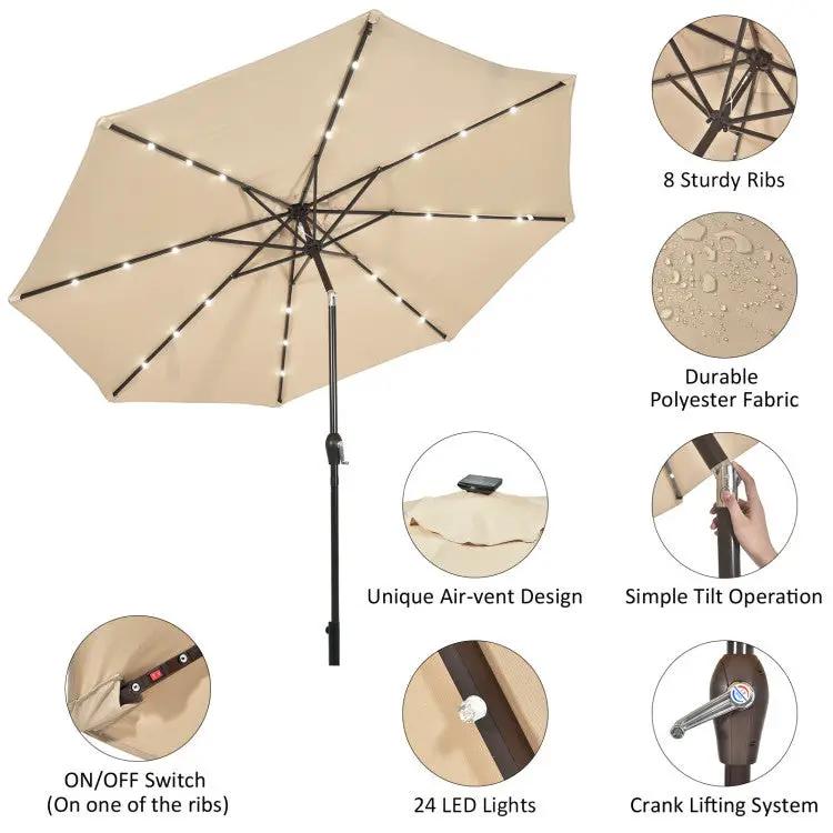 3-Piece Round Picnic Table Set with 10FT Solar LED Tilt Umbrella and Base for Patio Backyard by DirectDeals