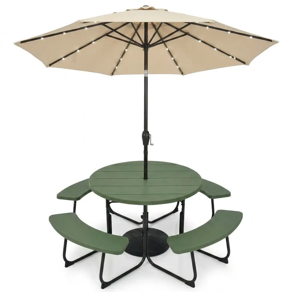 3-Piece Round Picnic Table Set with 10FT Solar LED Tilt Umbrella and Base for Patio Backyard by DirectDeals