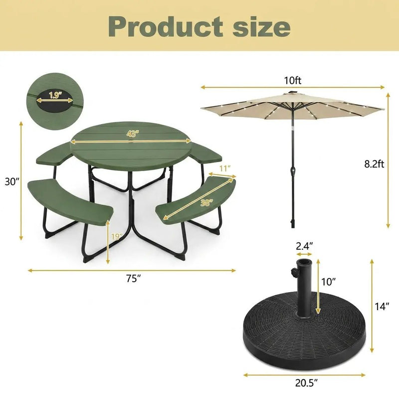 3-Piece Round Picnic Table Set with 10FT Solar LED Tilt Umbrella and Base for Patio Backyard by DirectDeals