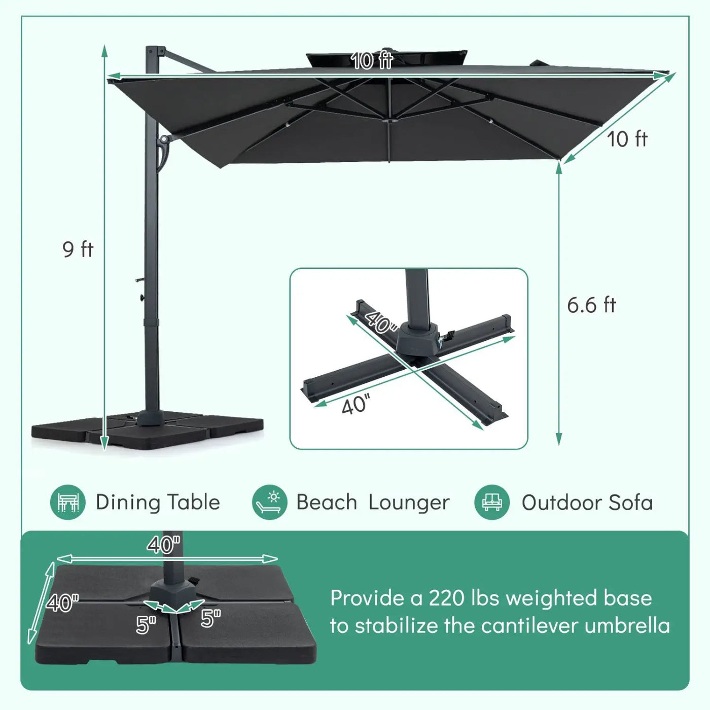 10 FT Cantilever Patio Umbrella with 220 LBS Base by DirectDeals