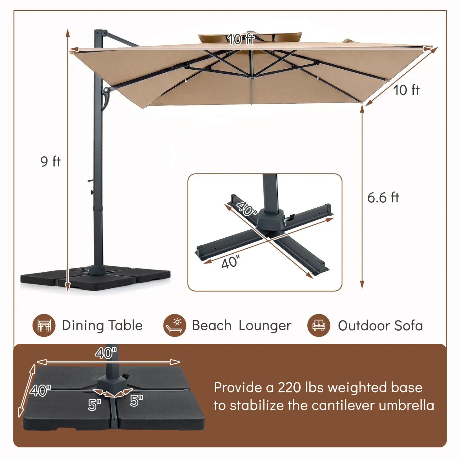 10 FT Cantilever Patio Umbrella with 220 LBS Base by DirectDeals