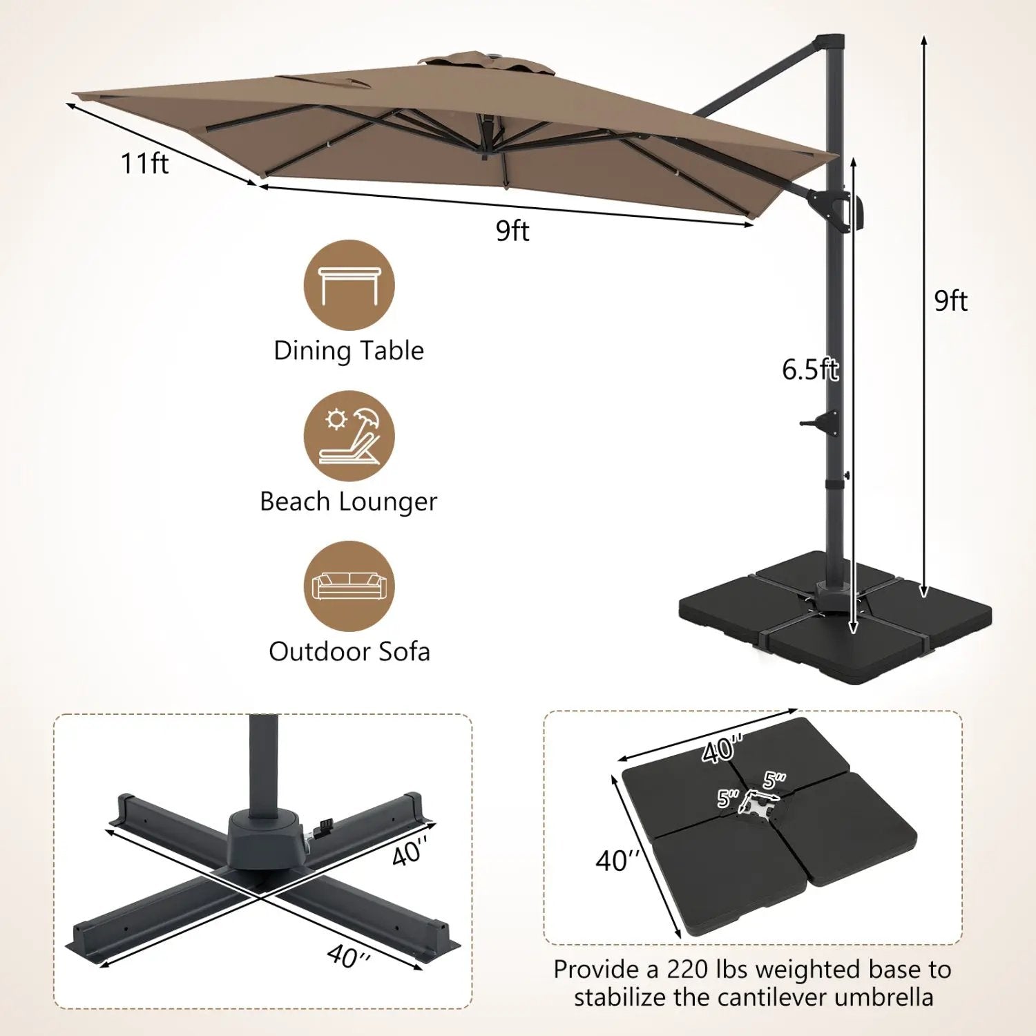 Offset Hanging Patio Umbrella 11x9 ft with 220 lb Base by DirectDeals
