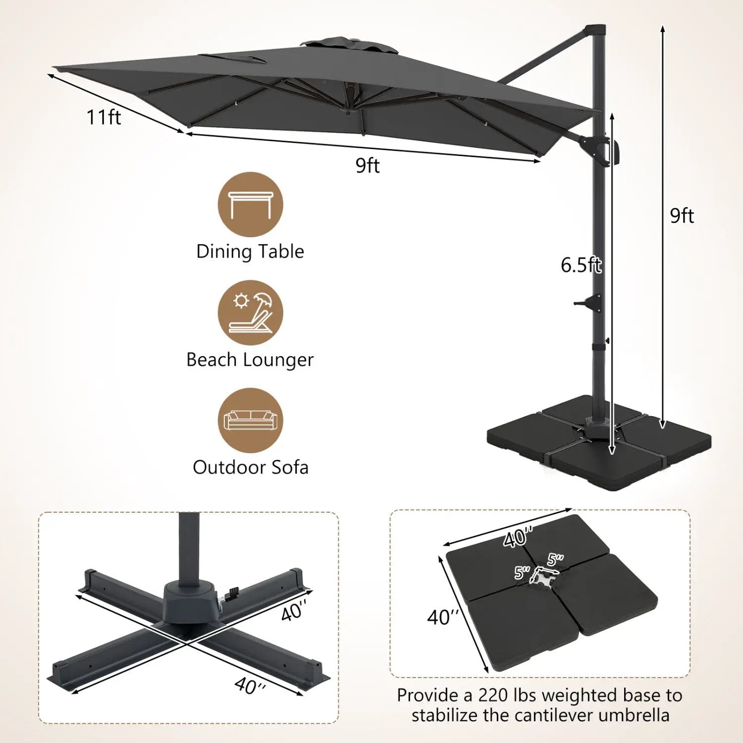 Offset Hanging Patio Umbrella 11x9 ft with 220 lb Base by DirectDeals