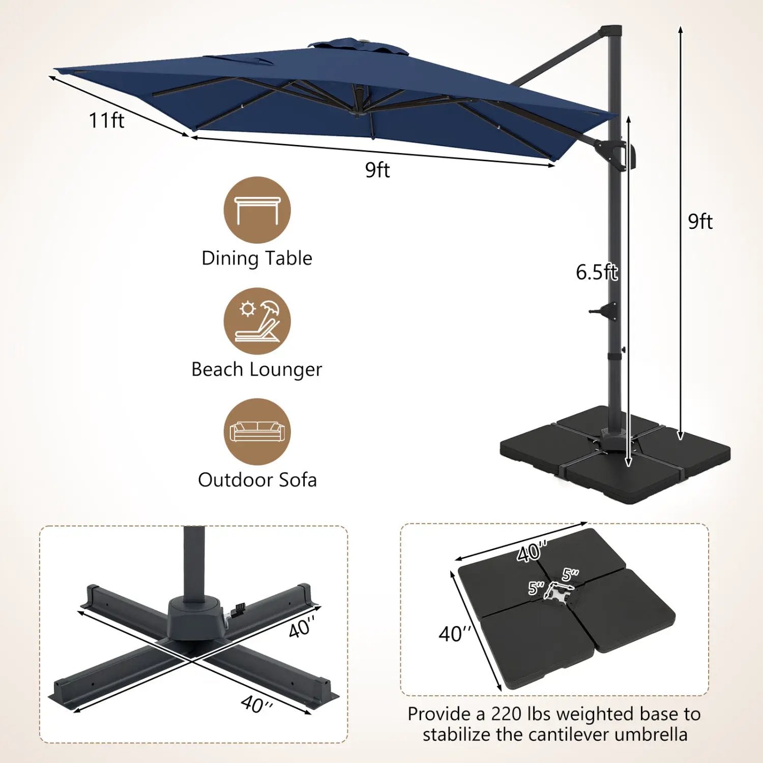 Offset Hanging Patio Umbrella 11x9 ft with 220 lb Base by DirectDeals