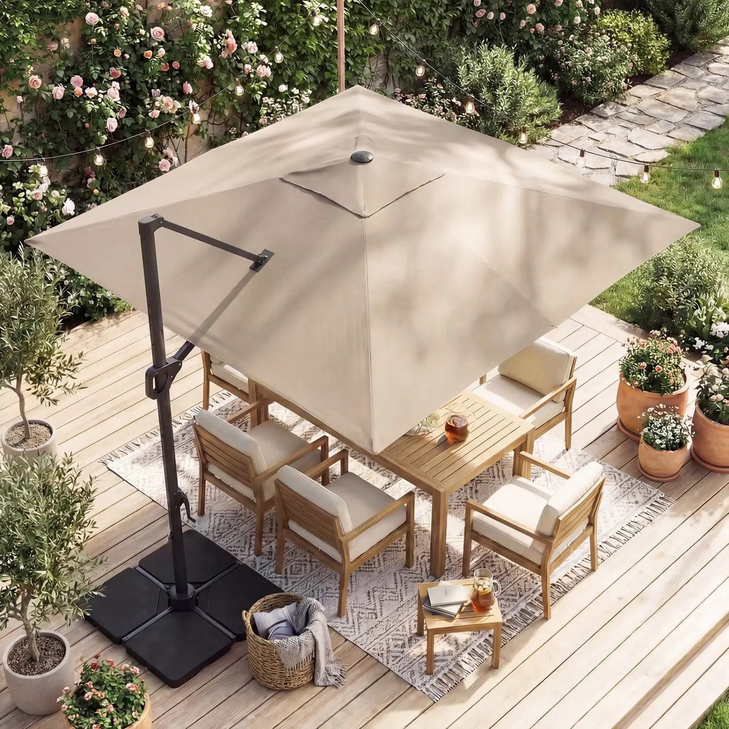 10 FT Cantilever Patio Umbrella with Solar LED Lights & Base by DirectDeals