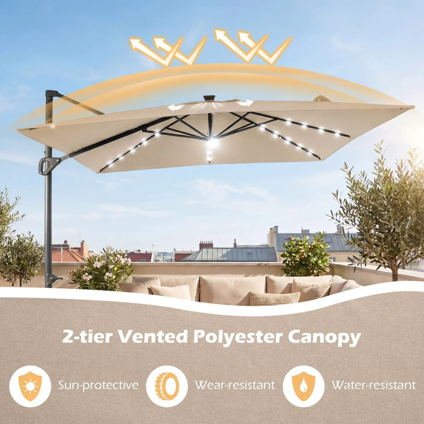 10 FT Cantilever Patio Umbrella with Solar LED Lights & Base by DirectDeals