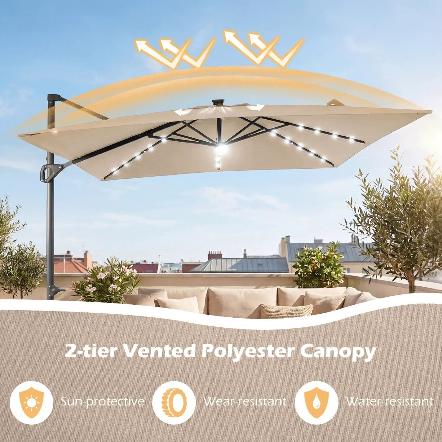 10 FT Cantilever Patio Umbrella with Solar LED Lights & Base by DirectDeals