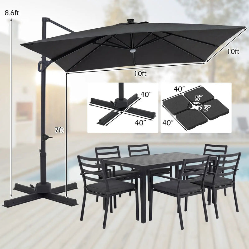 10 FT Cantilever Patio Umbrella with Solar LED Lights & Base by DirectDeals