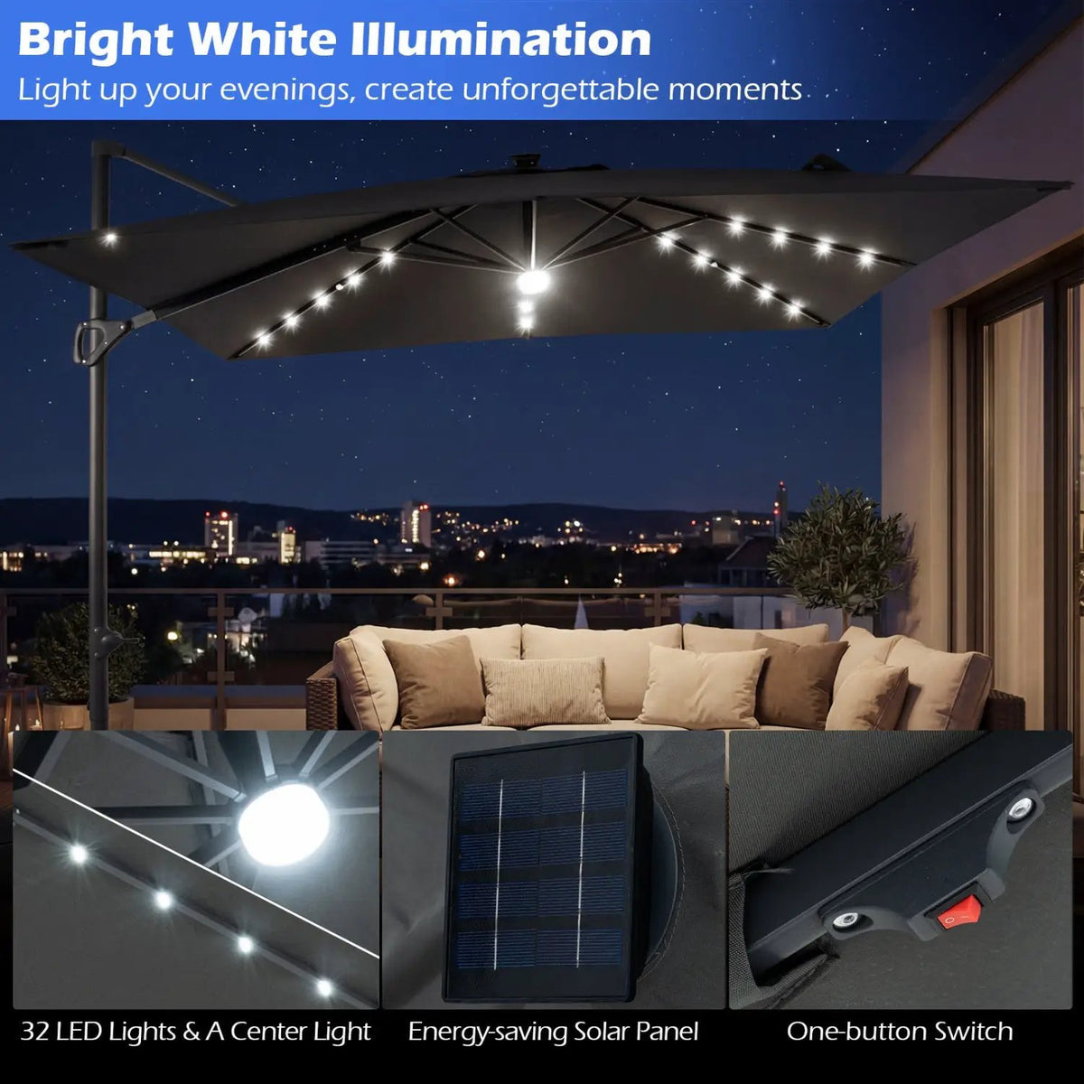 10 FT Cantilever Patio Umbrella with Solar LED Lights & Base by DirectDeals