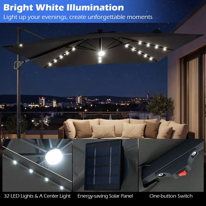 10 FT Cantilever Patio Umbrella with Solar LED Lights & Base by DirectDeals
