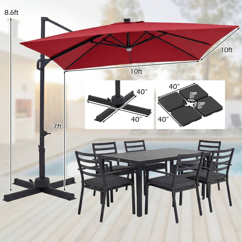 10 FT Cantilever Patio Umbrella with Solar LED Lights & Base by DirectDeals