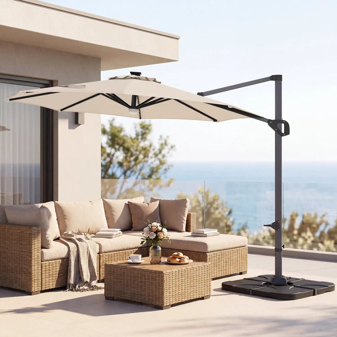 10 FT Cantilever Patio Umbrella with Solar LED Lights & Base by DirectDeals