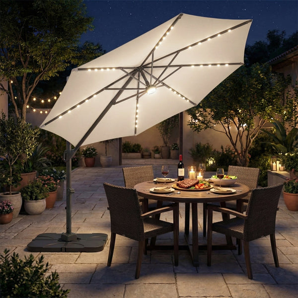 10 FT Cantilever Patio Umbrella with Solar LED Lights & Base, photo 2 of 40