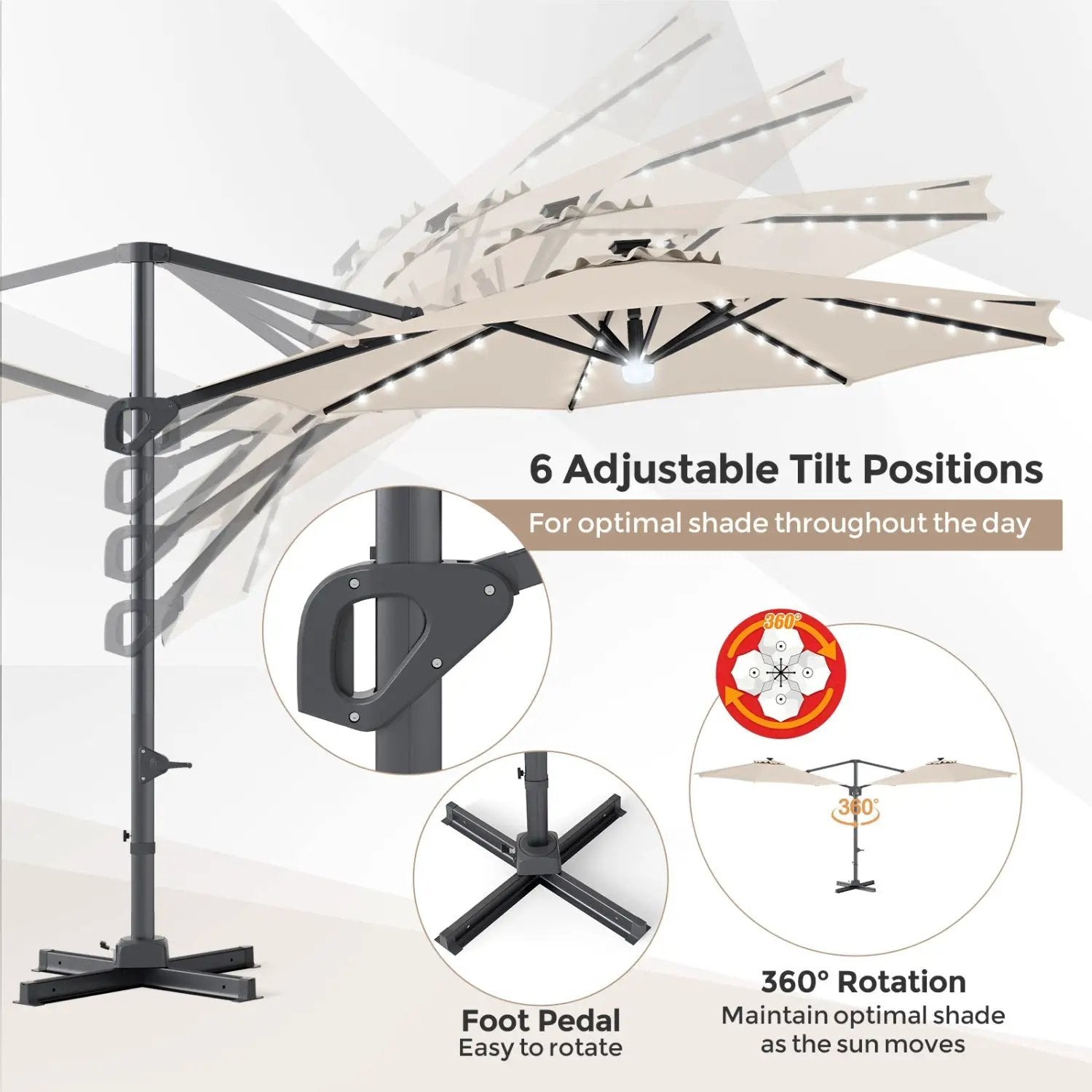 10 FT Cantilever Patio Umbrella with Solar LED Lights & Base by DirectDeals