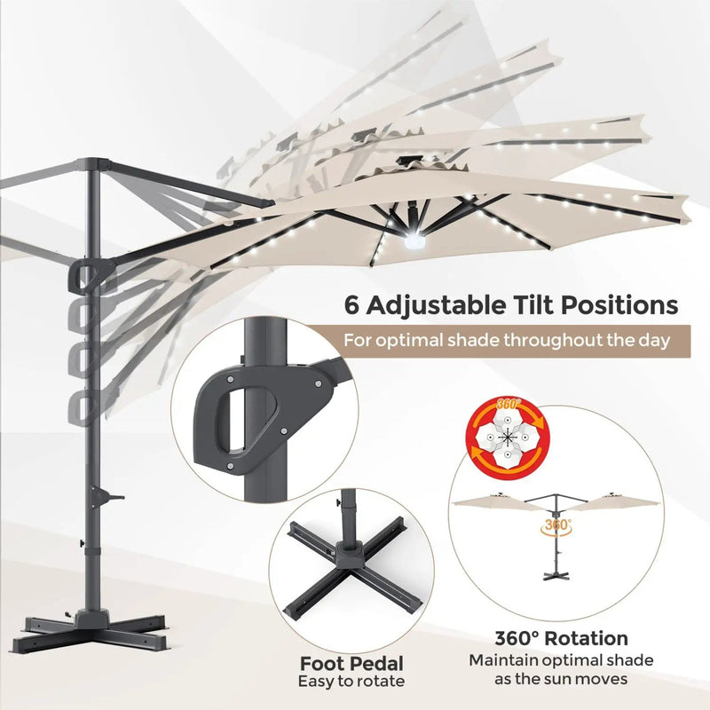 10 FT Cantilever Patio Umbrella with Solar LED Lights & Base by DirectDeals