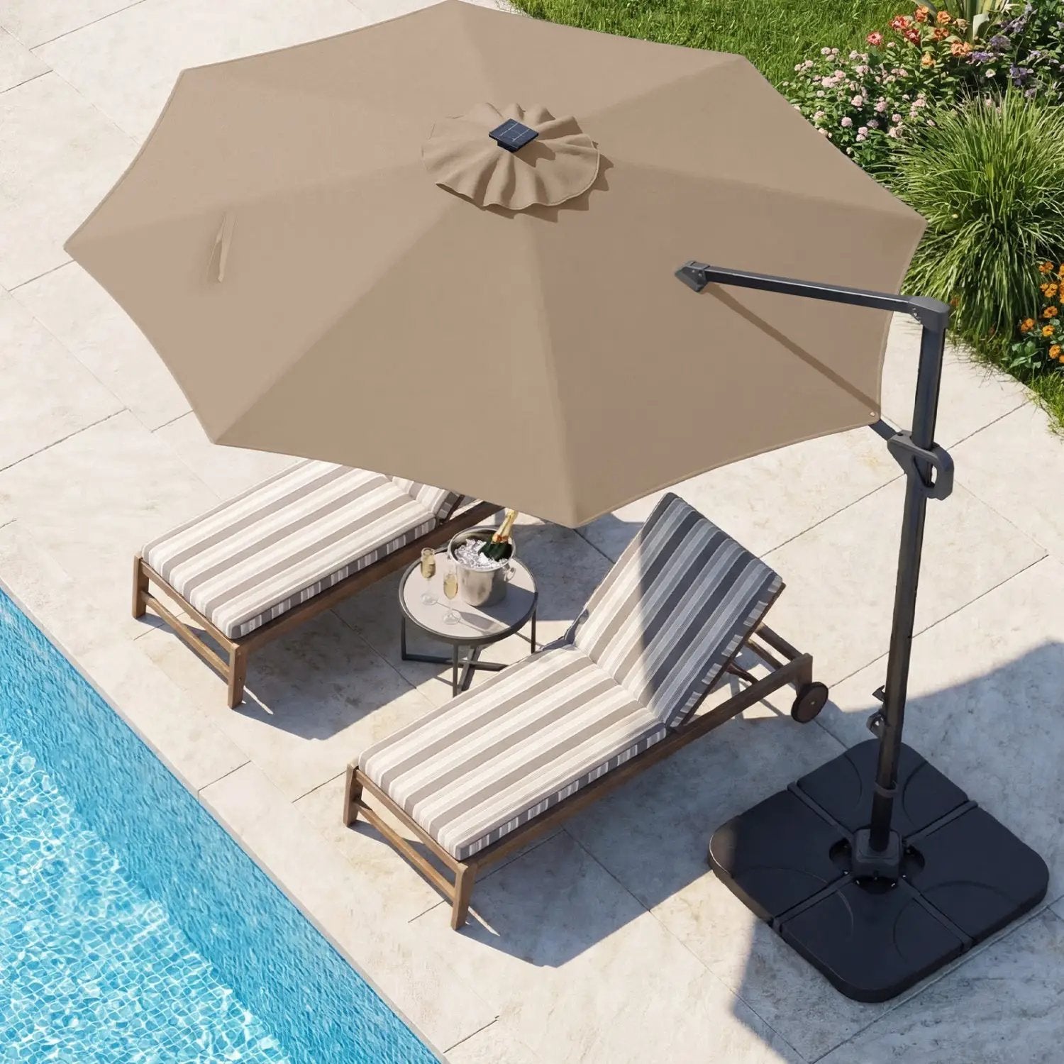 10 FT Cantilever Patio Umbrella with Solar LED Lights & Base by DirectDeals
