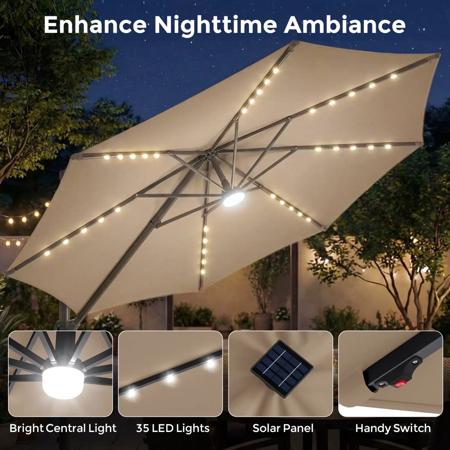 10 FT Cantilever Patio Umbrella with Solar LED Lights & Base by DirectDeals