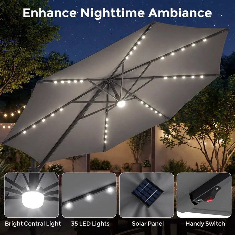 10 FT Cantilever Patio Umbrella with Solar LED Lights & Base by DirectDeals