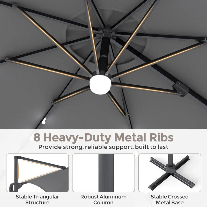 10 FT Cantilever Patio Umbrella with Solar LED Lights & Base by DirectDeals