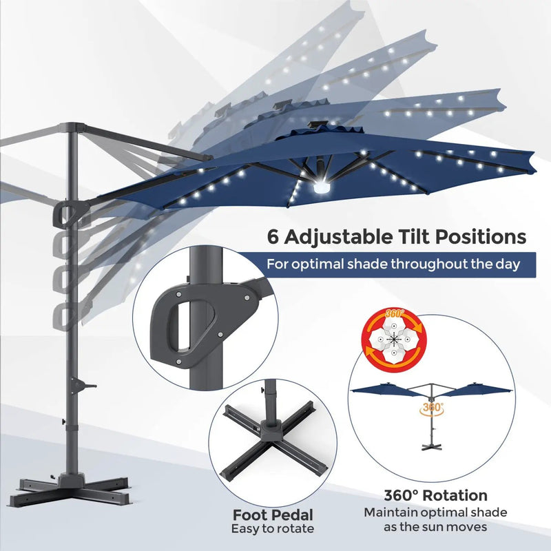 10 FT Cantilever Patio Umbrella with Solar LED Lights & Base by DirectDeals