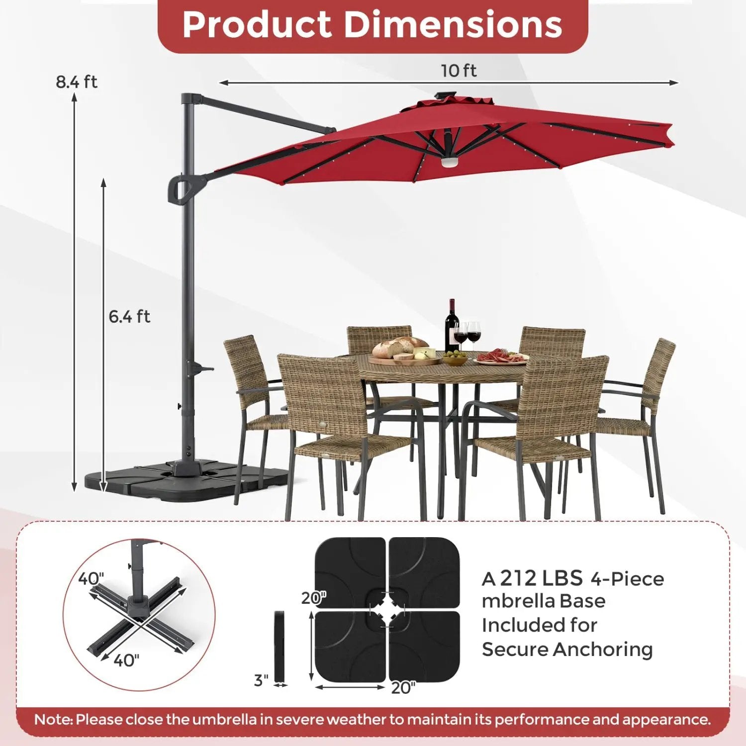 10 FT Cantilever Patio Umbrella with Solar LED Lights & Base by DirectDeals