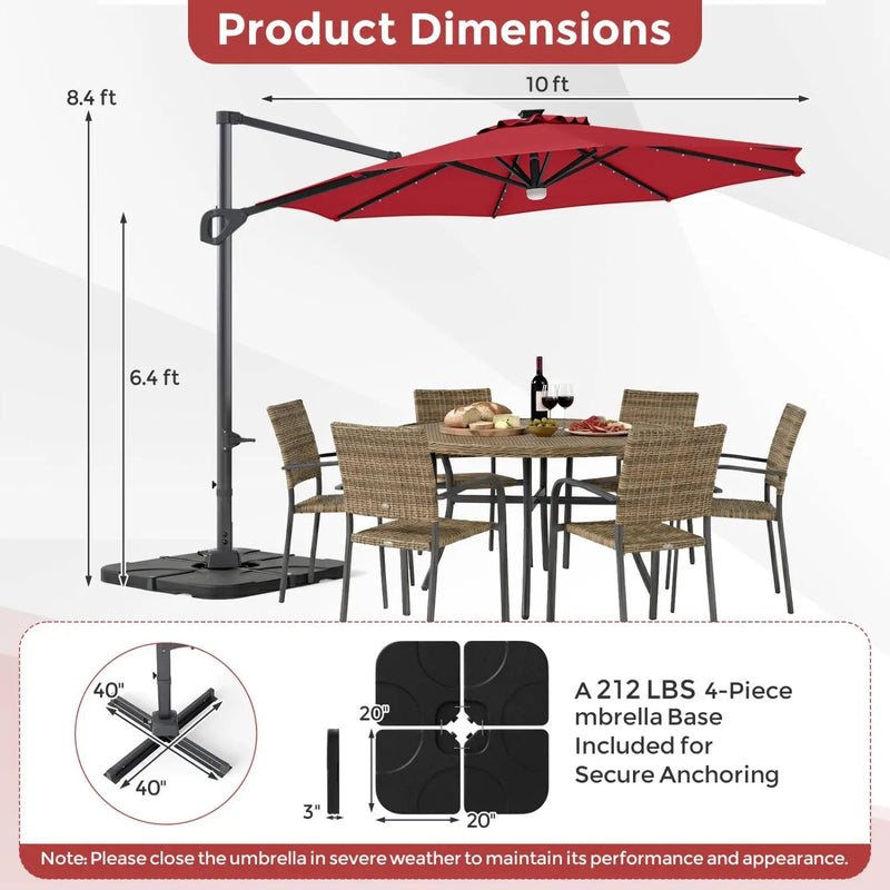10 FT Cantilever Patio Umbrella with Solar LED Lights & Base by DirectDeals