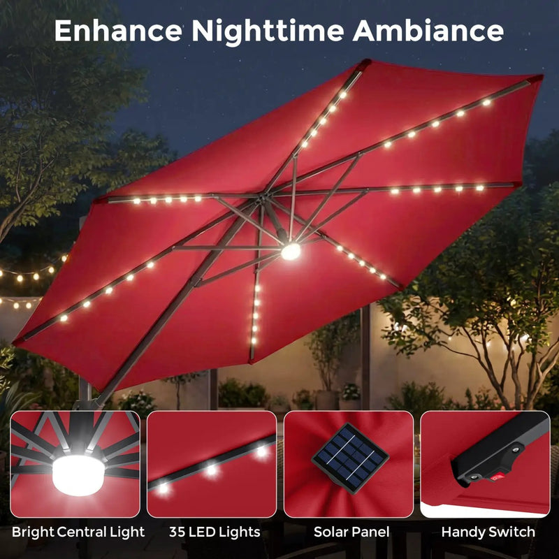 10 FT Cantilever Patio Umbrella with Solar LED Lights & Base by DirectDeals