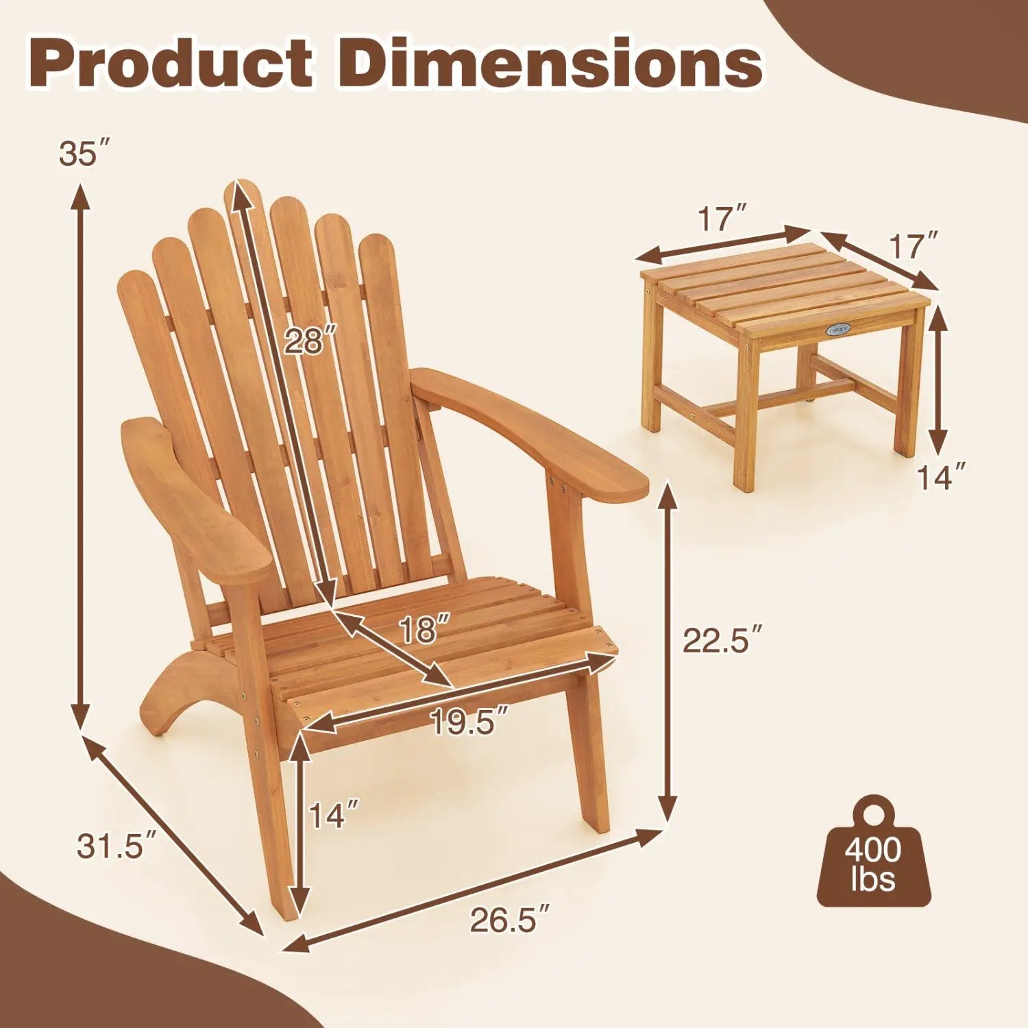Adirondack Chair Set of 2 with Side Table - Acacia Wood by DirectDeals