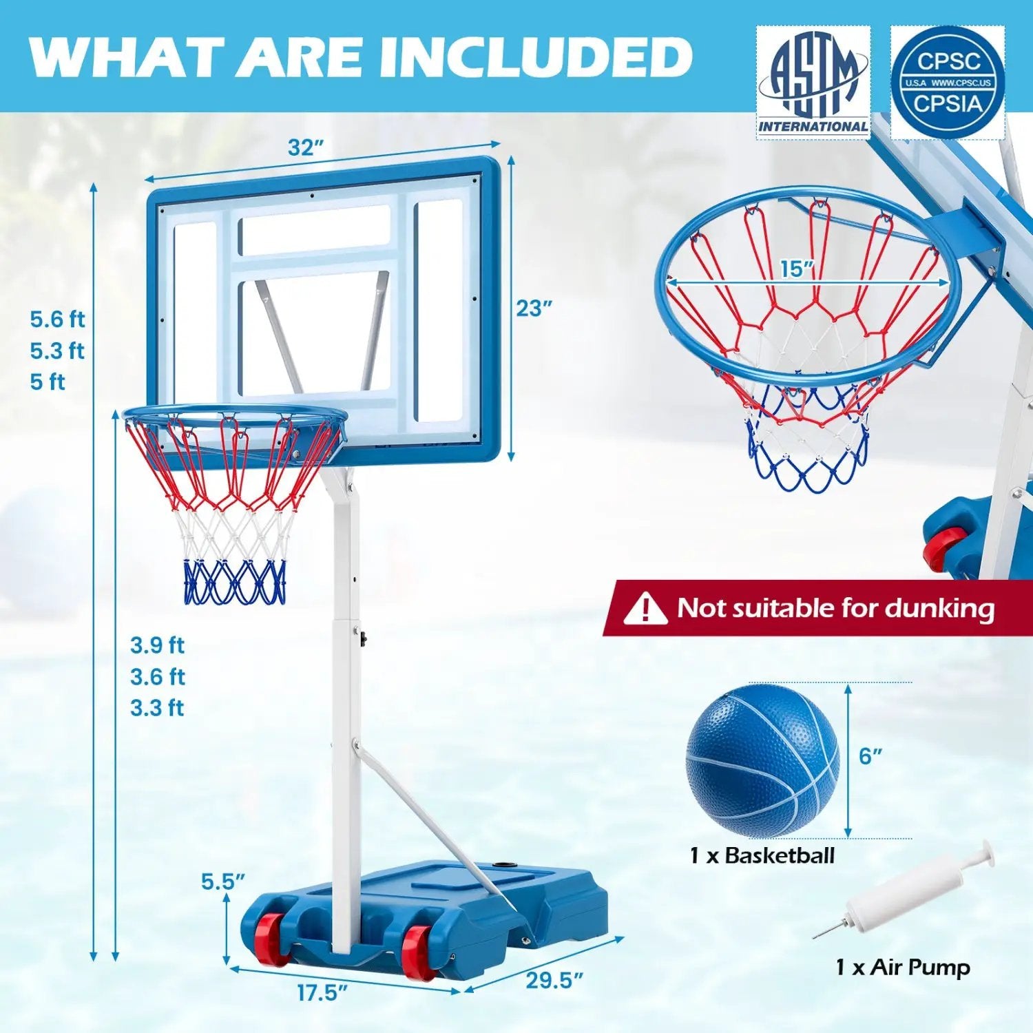 Adjustable Pool Basketball Hoop with Shatterproof Backboard by DirectDeals