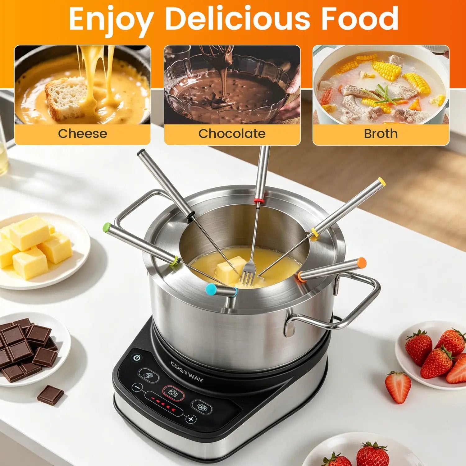 Electric Fondue Pot Set 3.2 QT with 6 Forks and Temperature Control by DirectDeals