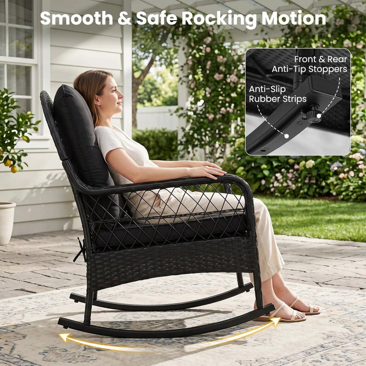 Outdoor Wicker Rocking Chair with Cushions and Anti-Tip Stoppers by DirectDeals