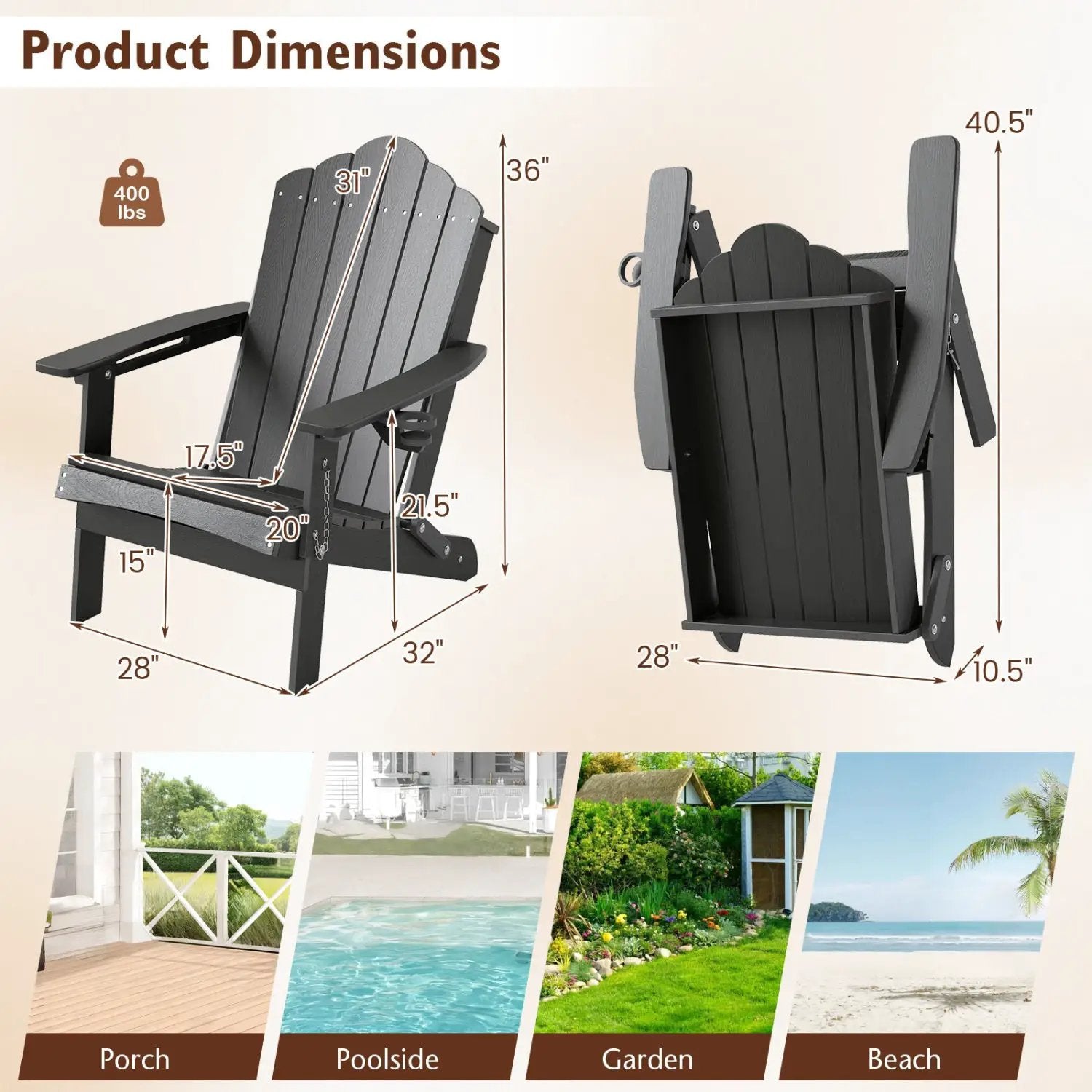 Folding Adirondack Chair with High Backrest - HDPE Weather Resistant by DirectDeals