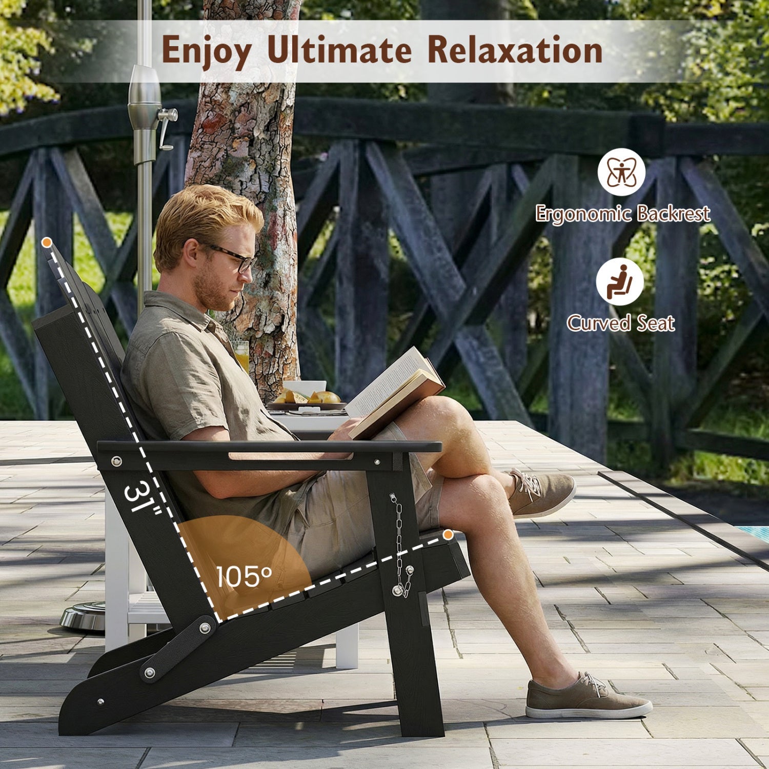 Folding Adirondack Chair with High Backrest - HDPE Weather Resistant by DirectDeals