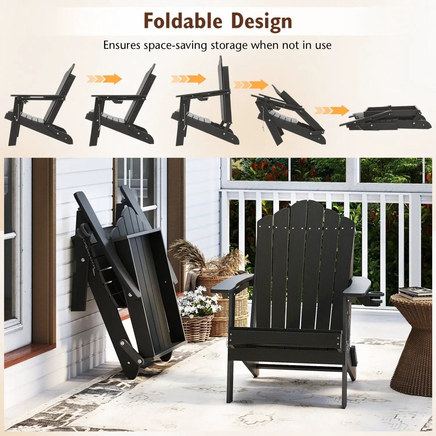 Folding Adirondack Chair with High Backrest - HDPE Weather Resistant by DirectDeals