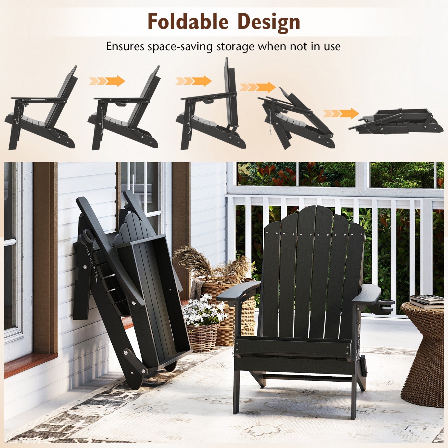 Folding Adirondack Chair with High Backrest - HDPE Weather Resistant by DirectDeals