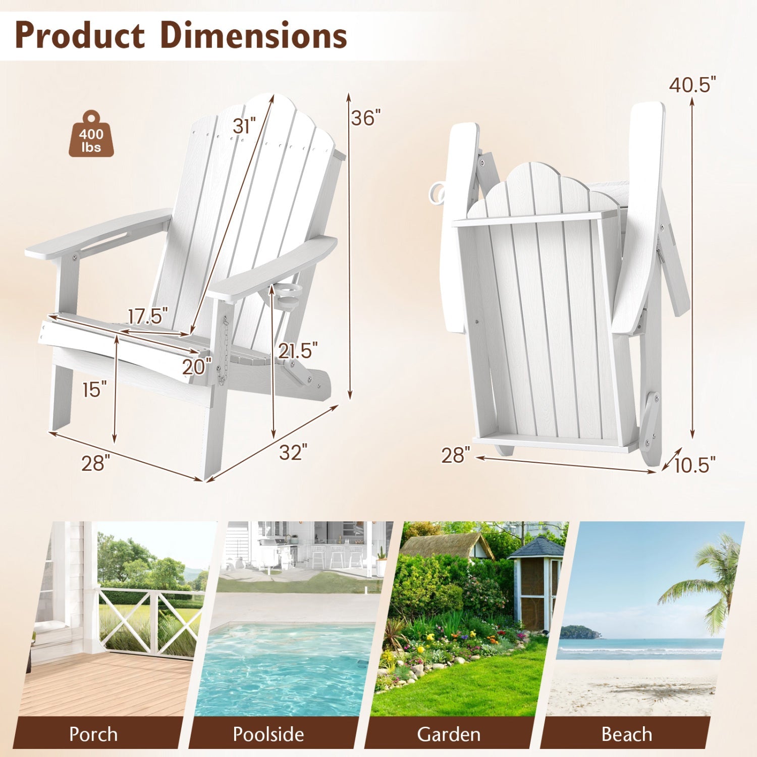 Folding Adirondack Chair with High Backrest - HDPE Weather Resistant by DirectDeals