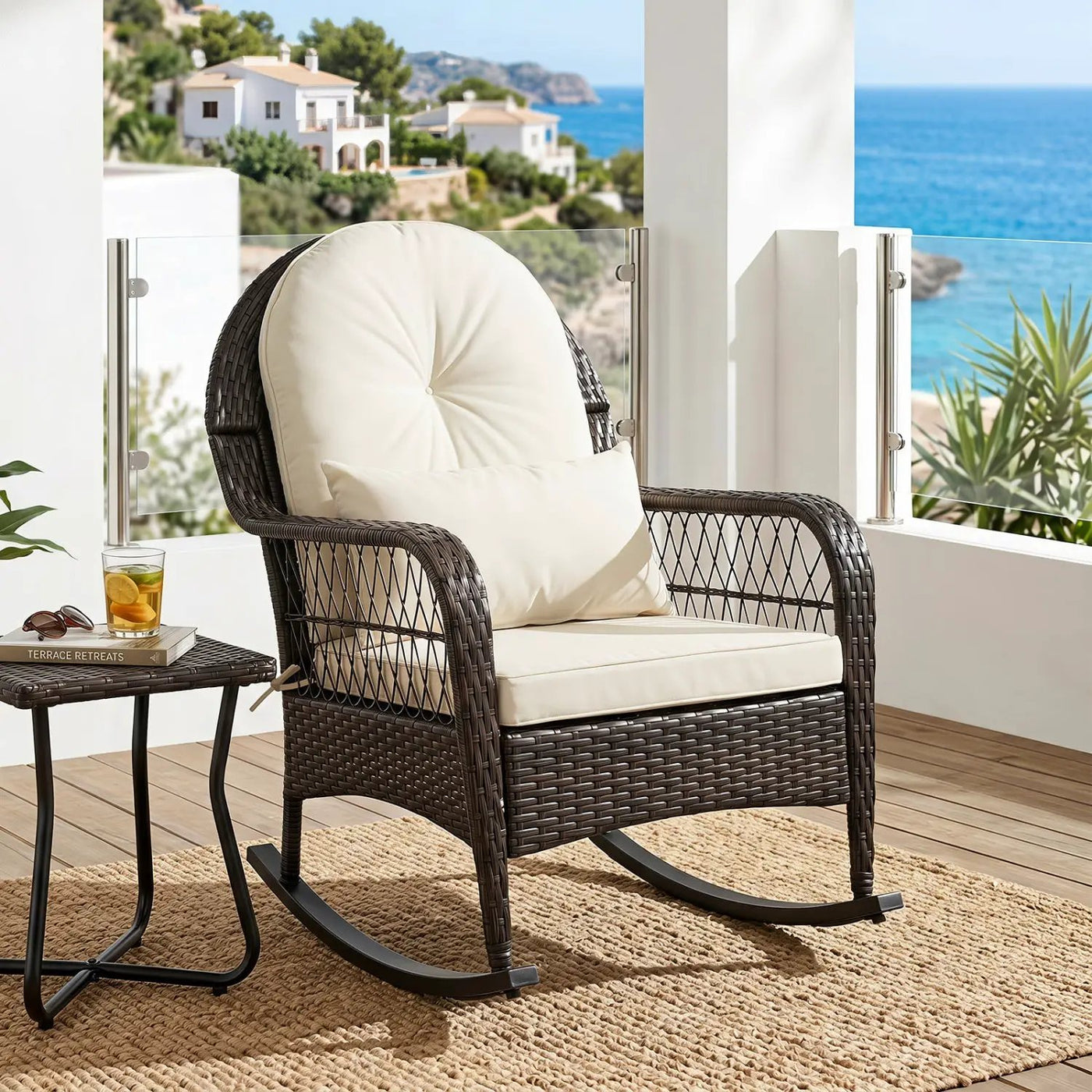 Outdoor Wicker Rocking Chair with Cushions - 400 LBS Capacity by DirectDeals