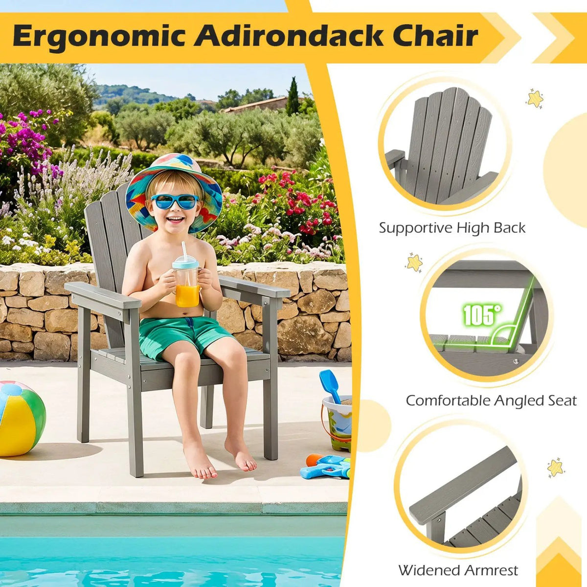 Adirondack Chair with High Backrest and Wide Armrests by DirectDeals
