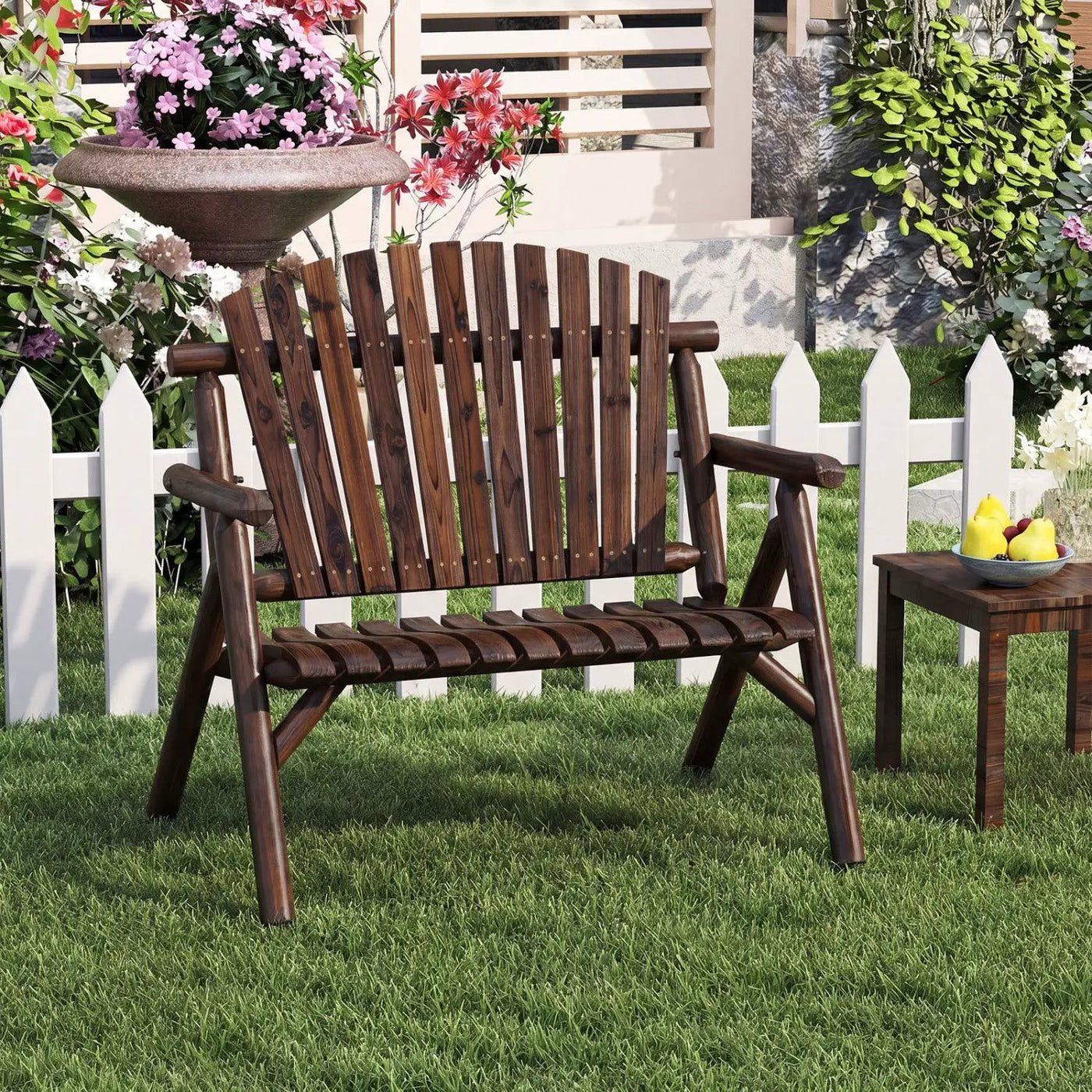 2-Person Log Wood Patio Bench with Slatted Backrest by DirectDeals