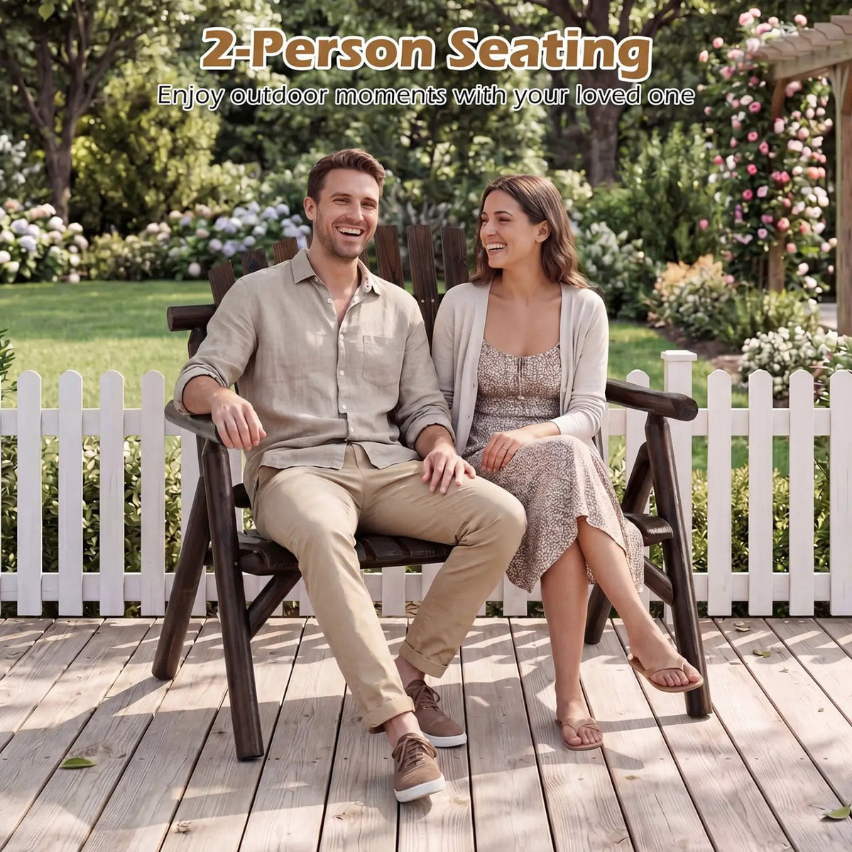 2-Person Log Wood Patio Bench with Slatted Backrest by DirectDeals